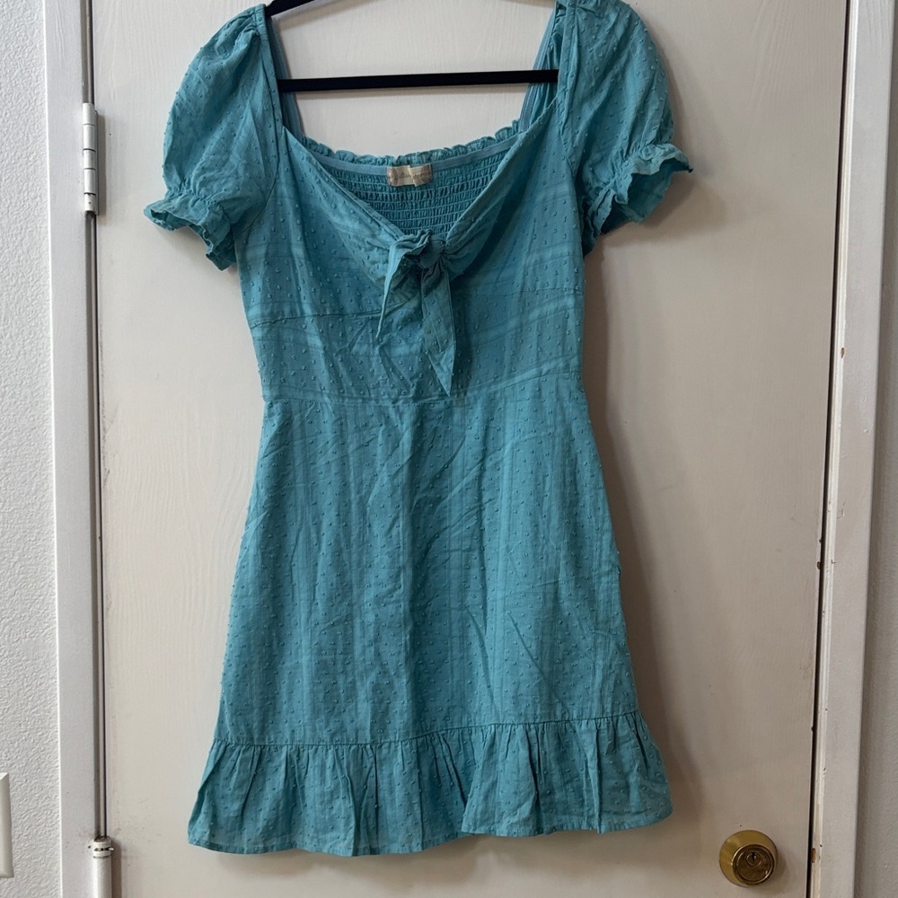 Altar'd State Aqua Tie-Front Puff Sleeve Mini Dress